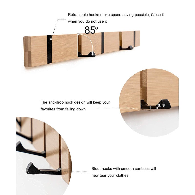 KYSMOTIC Wall Mounted Coat Rack with Foldable Hooks - Modern Space-Saving Wooden Entryway Organizer for Coats, Bags, Hats, Keys (4 Hooks, Natural Finish - Image 4